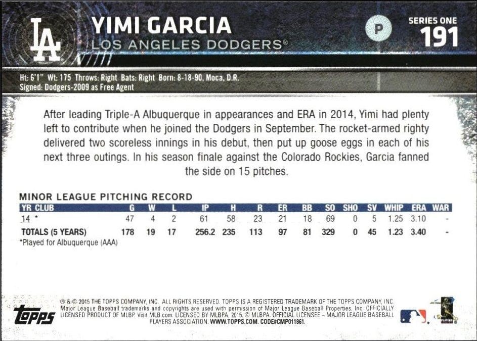 2015 Topps Yimi Garcia #191 baseball trading card back