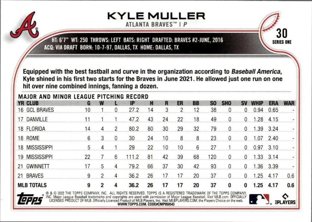 2022 Topps Kyle Muller #30B baseball trading card back