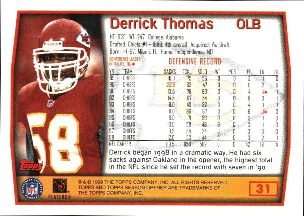 1999 Topps Season Opener Derrick Thomas #31 football trading card back