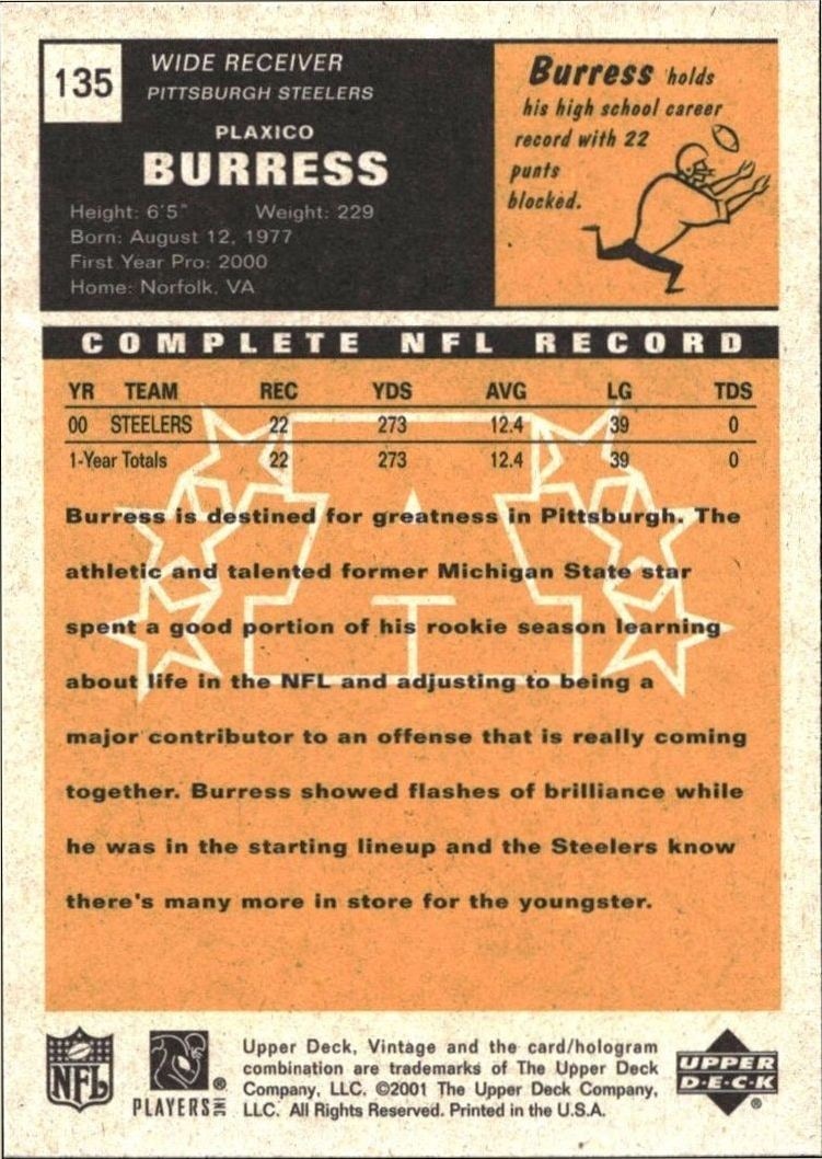 2001 Upper Deck Vintage Plaxico Burress #135 football trading card back