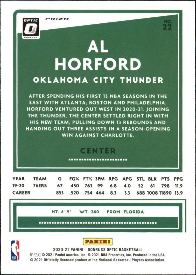 2020-21 Panini Optic Al Horford #22 basketball trading card back