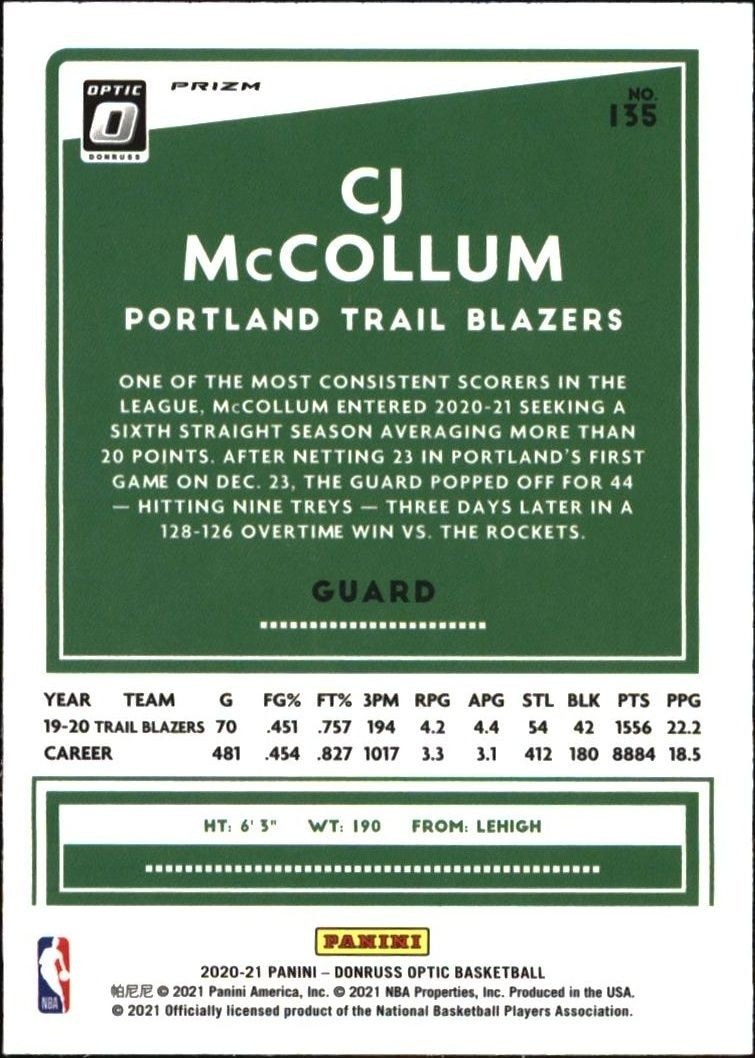 2021-22 Panini Donruss Optic CJ McCollum #135 basketball trading card back
