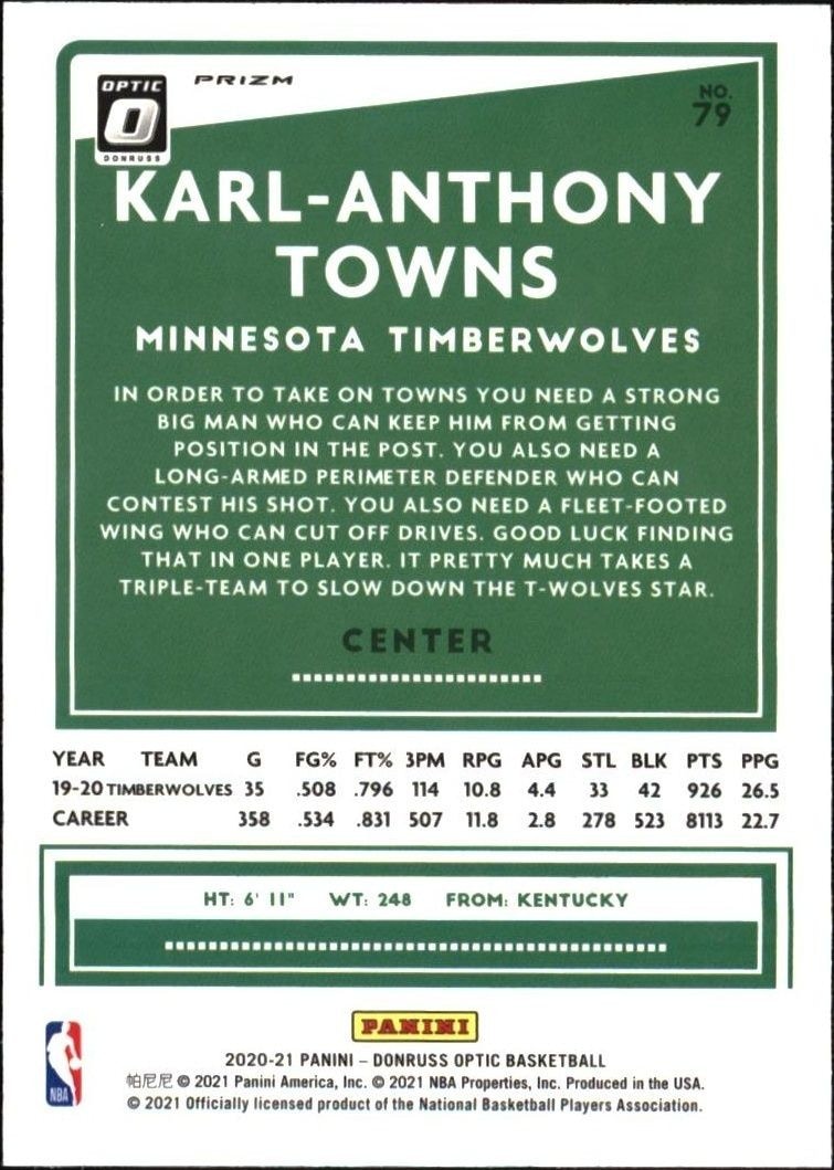 2020-21 Panini Donruss Optic Karl-Anthony Towns #79 basketball trading card back