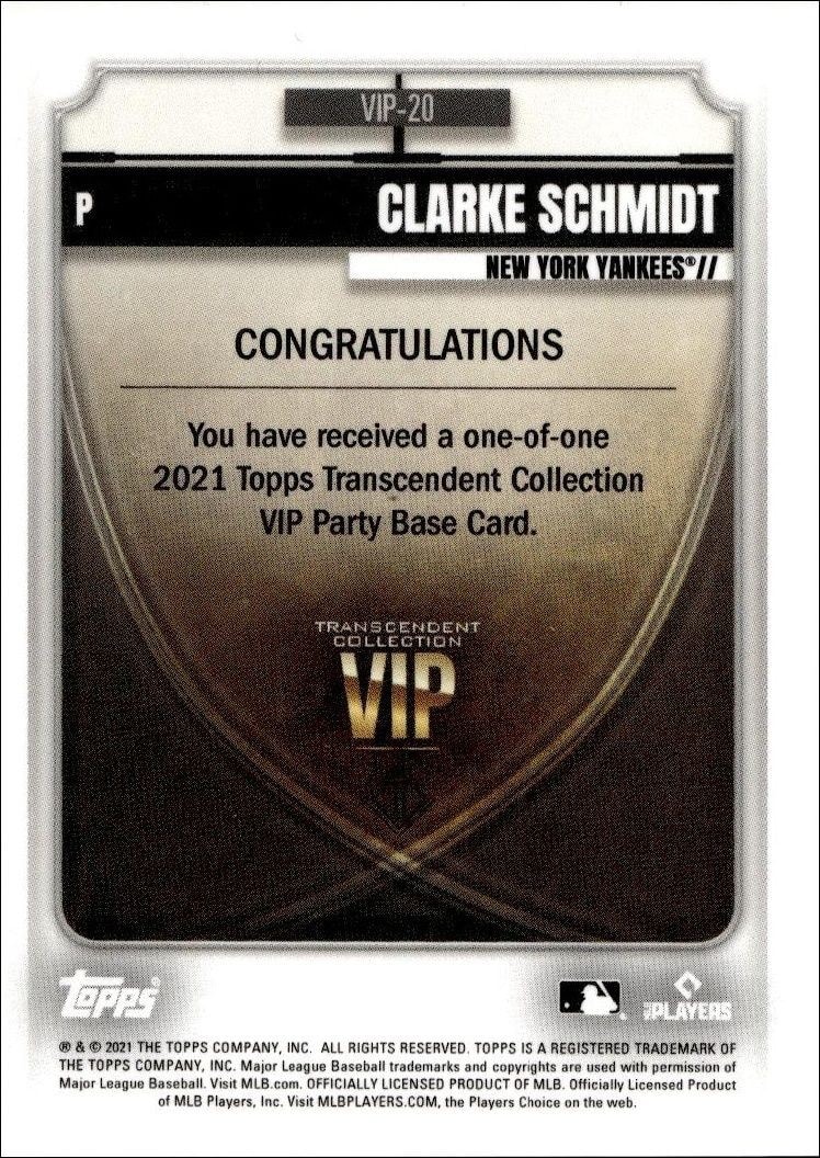 2021 Topps Transcendent Collection Clarke Schmidt #VIP-20 baseball trading card back