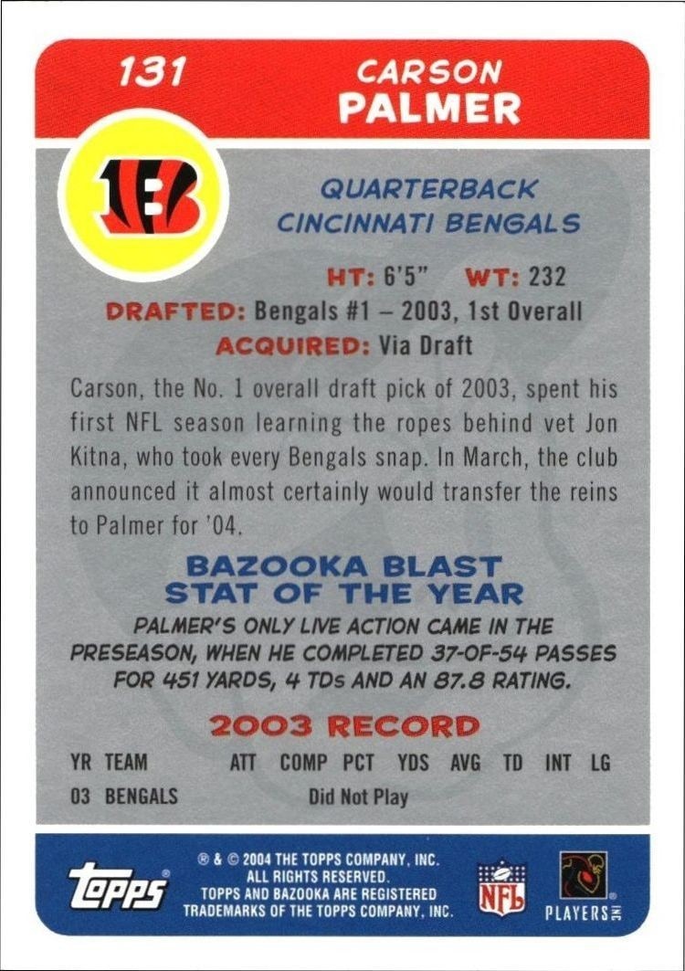 2004 Topps Bazooka Carson Palmer #131 football trading card back