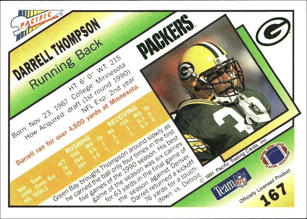 1991 Pacific Darrell Thompson #167 football trading card back