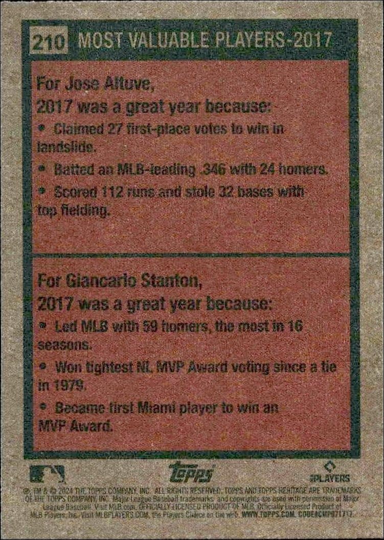 2024 Topps Heritage Jose Altuve #210 baseball trading card back