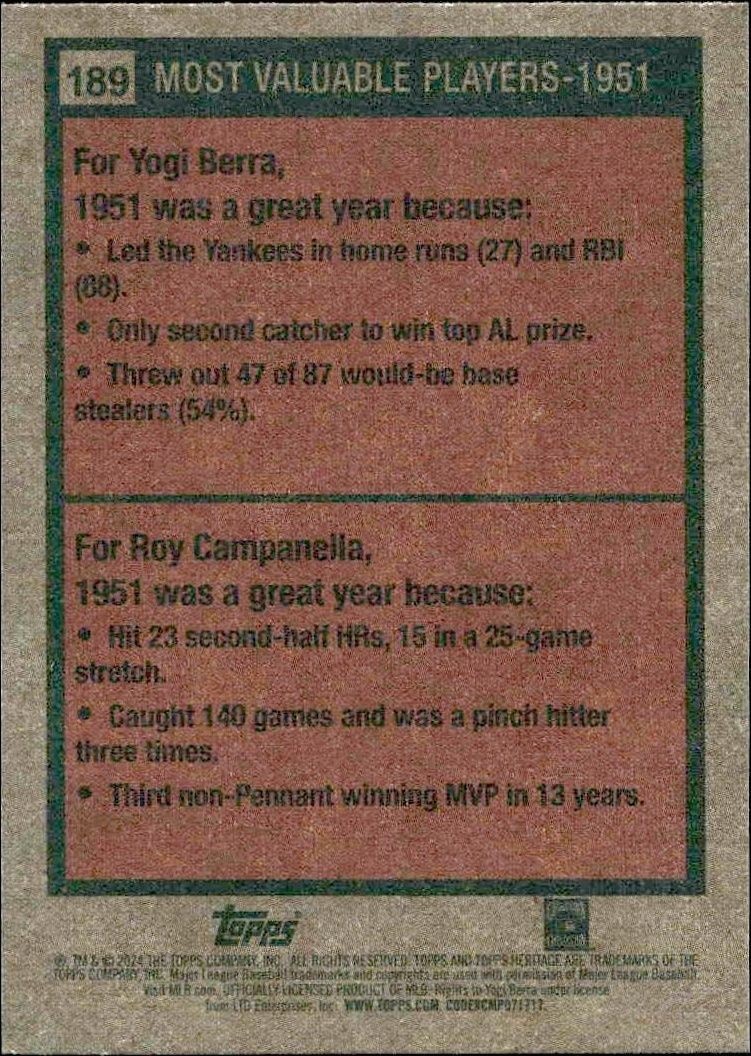 2024 Topps Heritage Yogi Berra #189 baseball trading card back