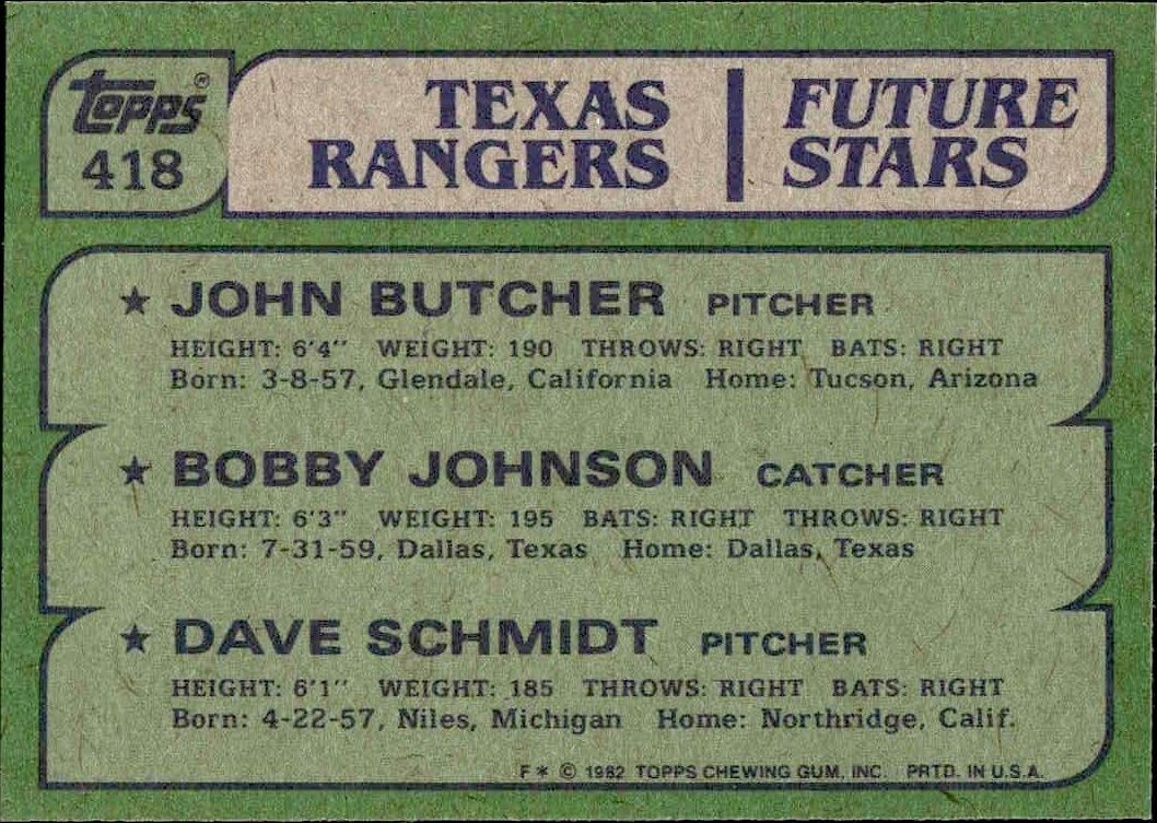 1982 Topps John Butcher #418 baseball trading card back