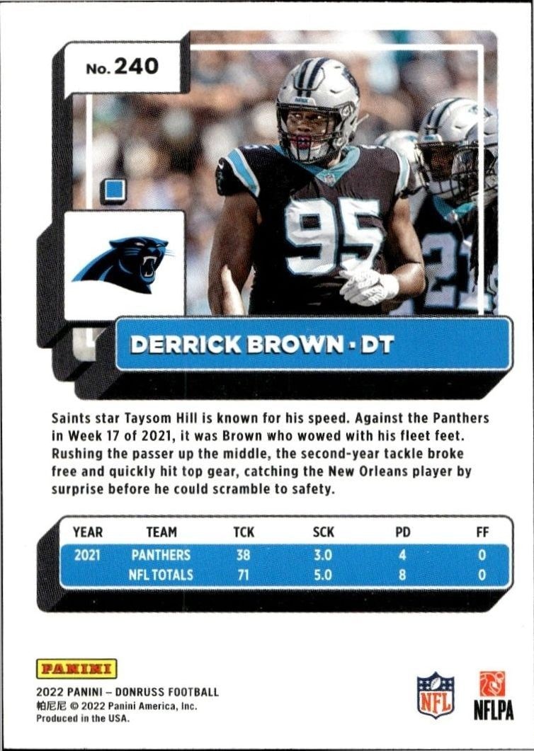 2022 Panini Donruss Derrick Brown #240 football trading card back