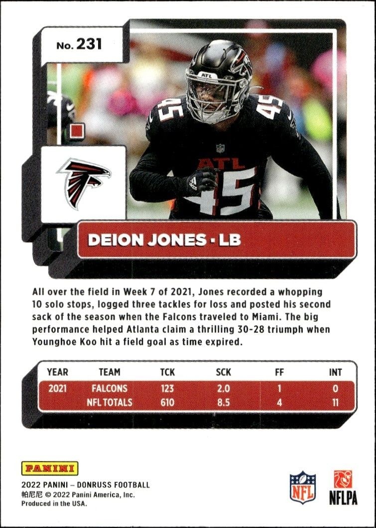 2022 Panini Donruss Deion Jones #231 football trading card back