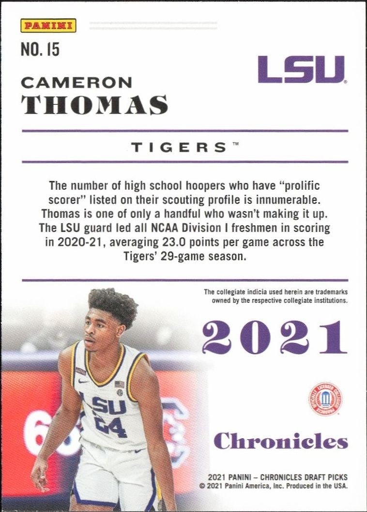 2021-22 Panini Chronicles Draft Picks Cameron Thomas #15 basketball trading card back