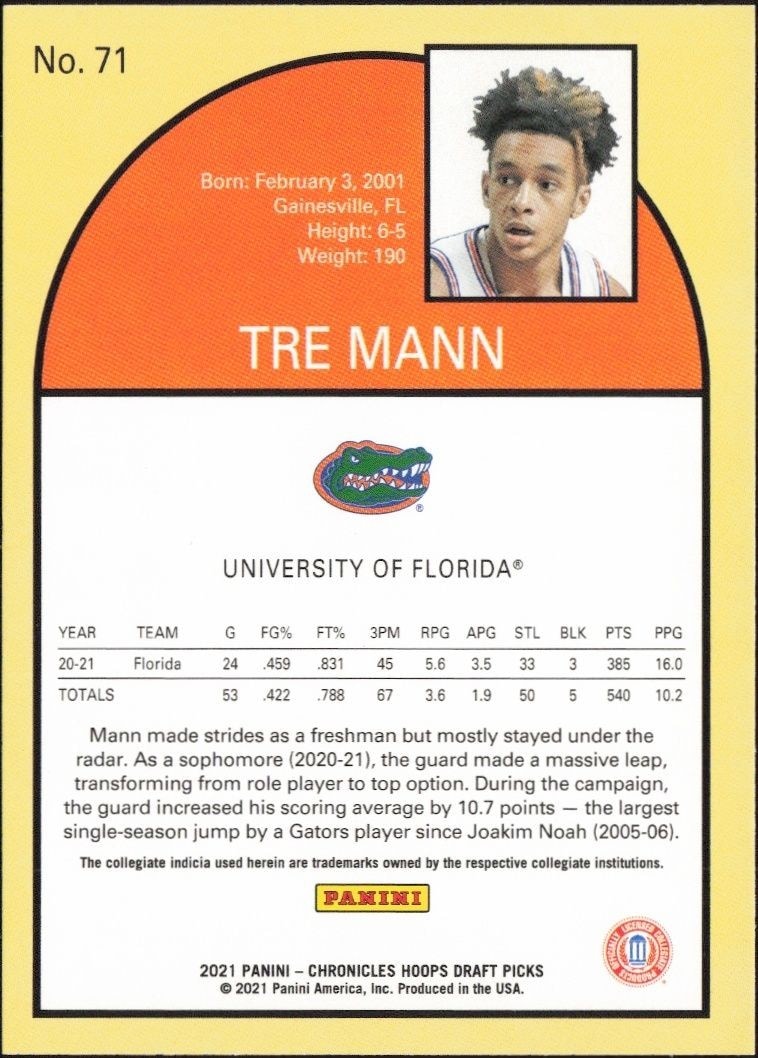 2021-22 Panini Chronicles Draft Picks Tre Mann #71 basketball trading card back