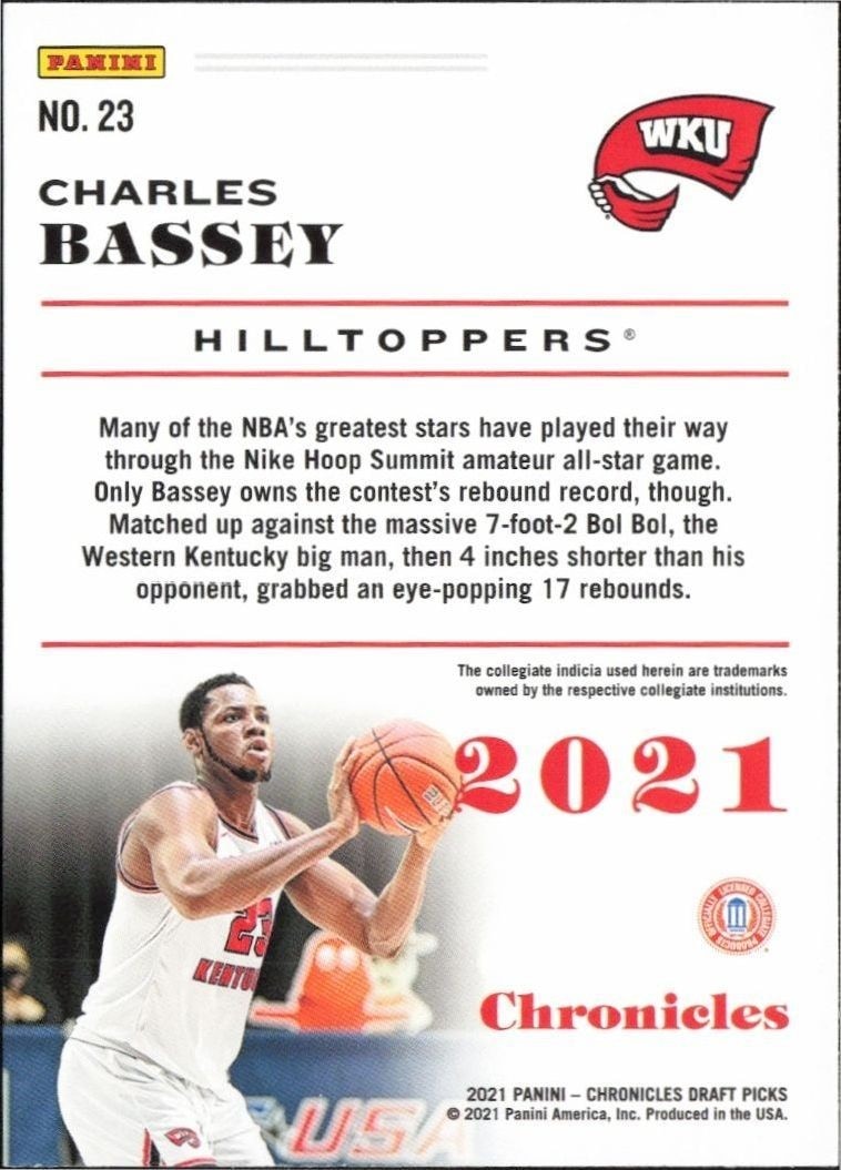 2021-22 Panini Chronicles Draft Picks Charles Bassey #23 basketball trading card back