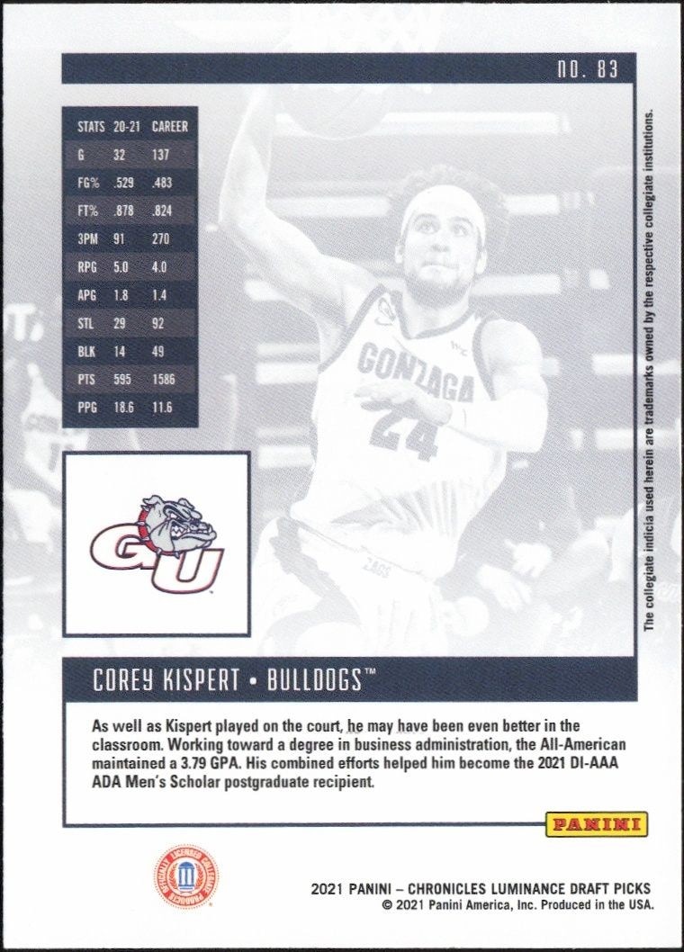 2021-22 Panini Chronicles Draft Picks Corey Kispert #83 basketball trading card back