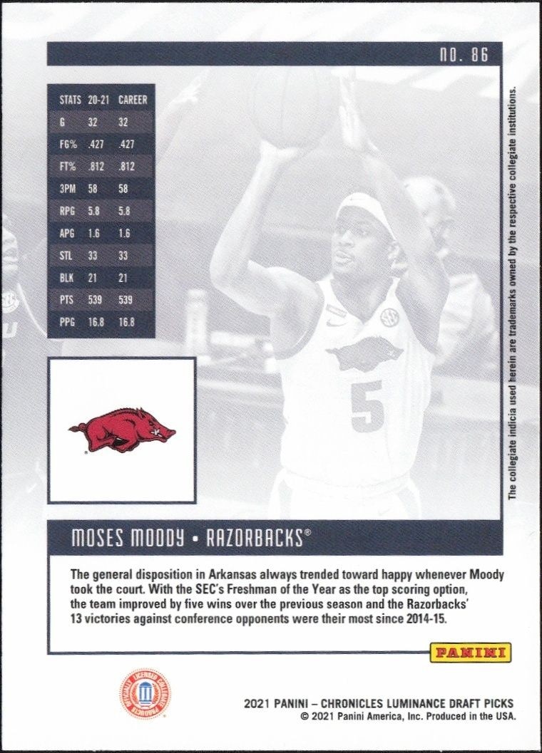 2021-22 Panini Chronicles Draft Picks Moses Moody #86 basketball trading card back
