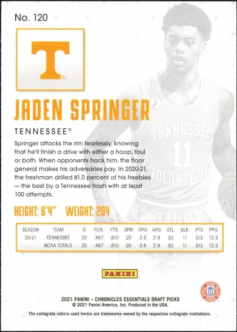 2021-22 Panini Chronicles Draft Picks Jaden Springer #120 basketball trading card back