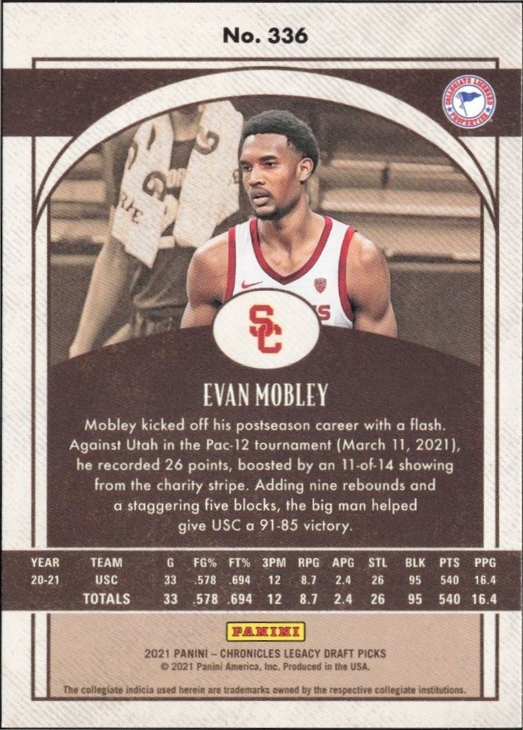2021-22 Panini Chronicles Draft Picks Evan Mobley #336 basketball trading card back