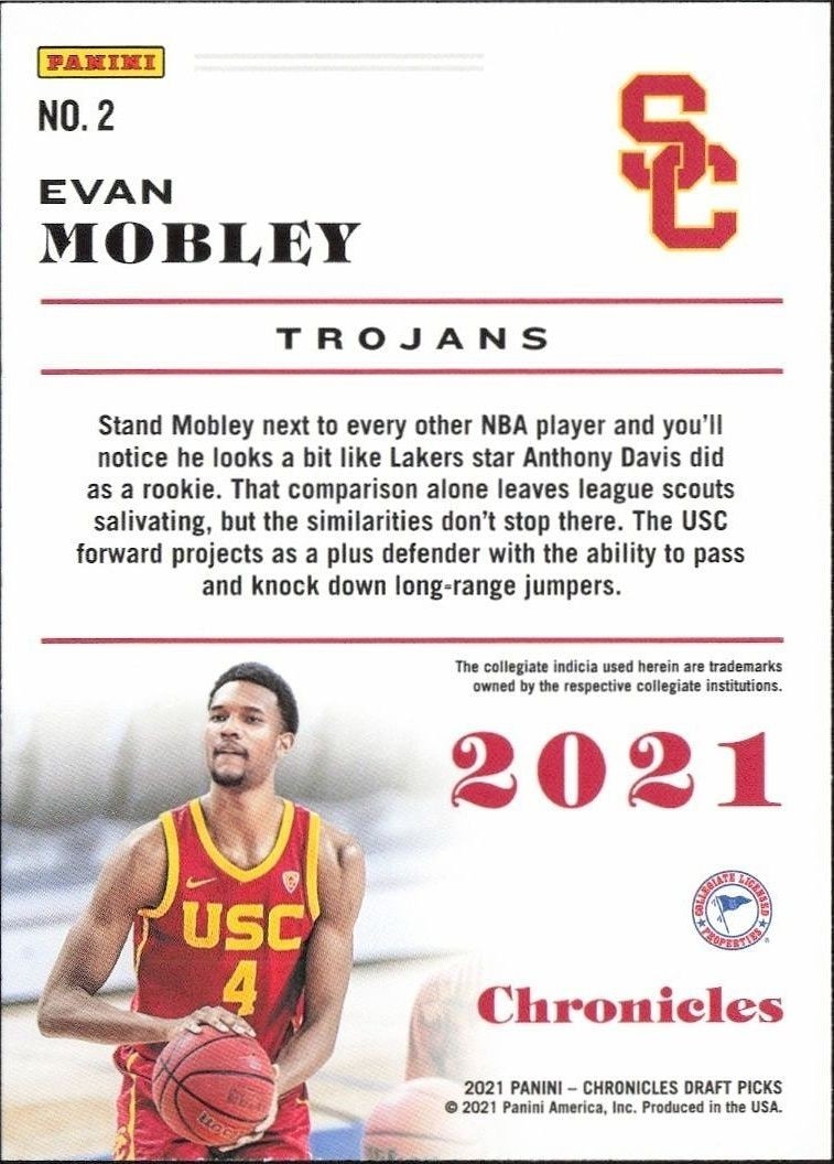 2021-22 Panini Chronicles Draft Picks Evan Mobley #2 basketball trading card back