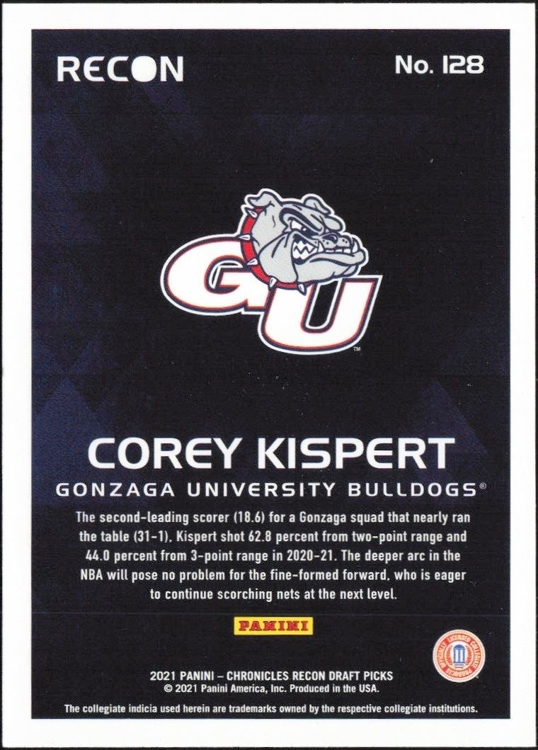 2021-22 Panini Chronicles Draft Picks Corey Kispert #128 basketball trading card back