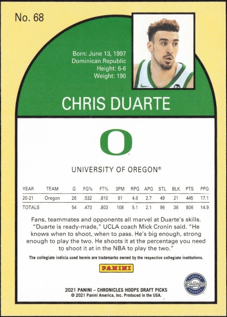 2021-22 Panini Chronicles Draft Picks Chris Duarte #68 basketball trading card back
