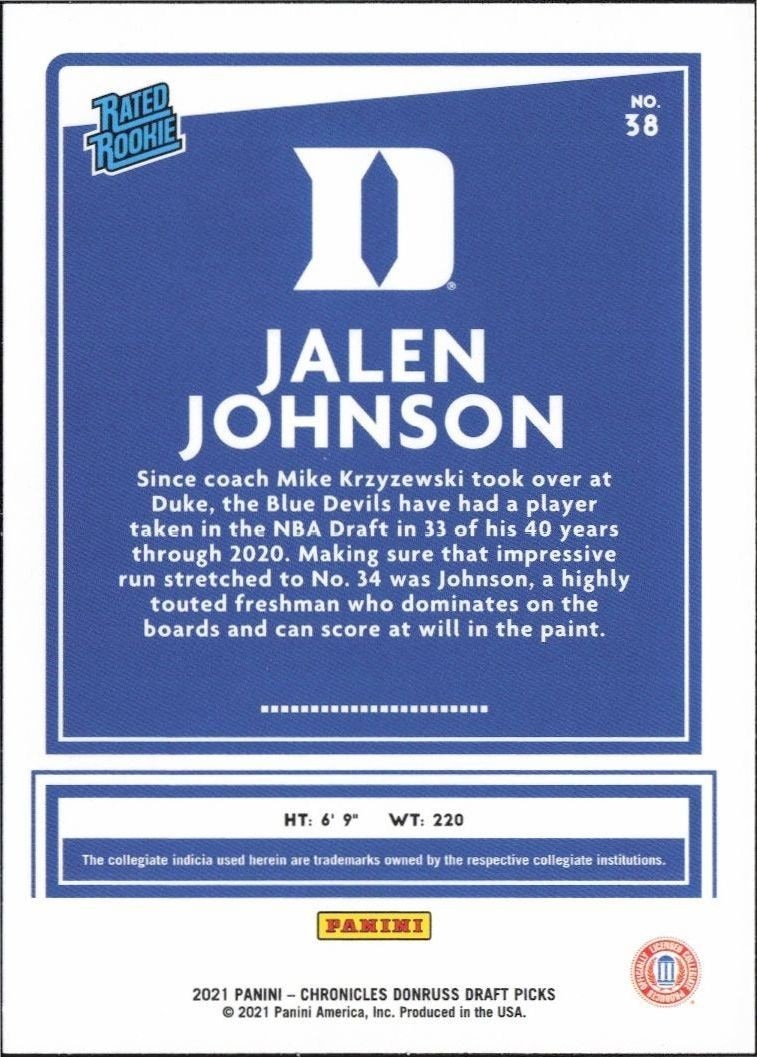 2021-22 Panini Chronicles Draft Picks Jalen Johnson #38 basketball trading card back