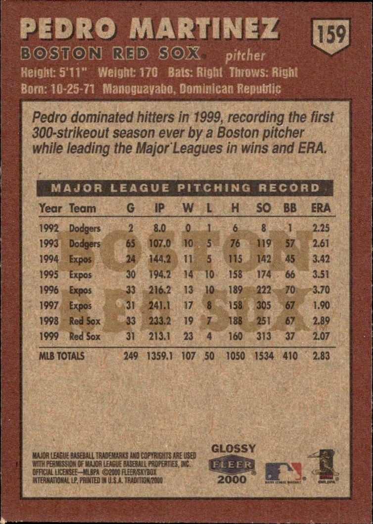 2000 Fleer Tradition Glossy Pedro Martinez #159 baseball trading card back