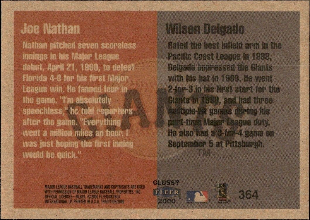 2000 Fleer Tradition Glossy Joe Nathan #364 baseball trading card back