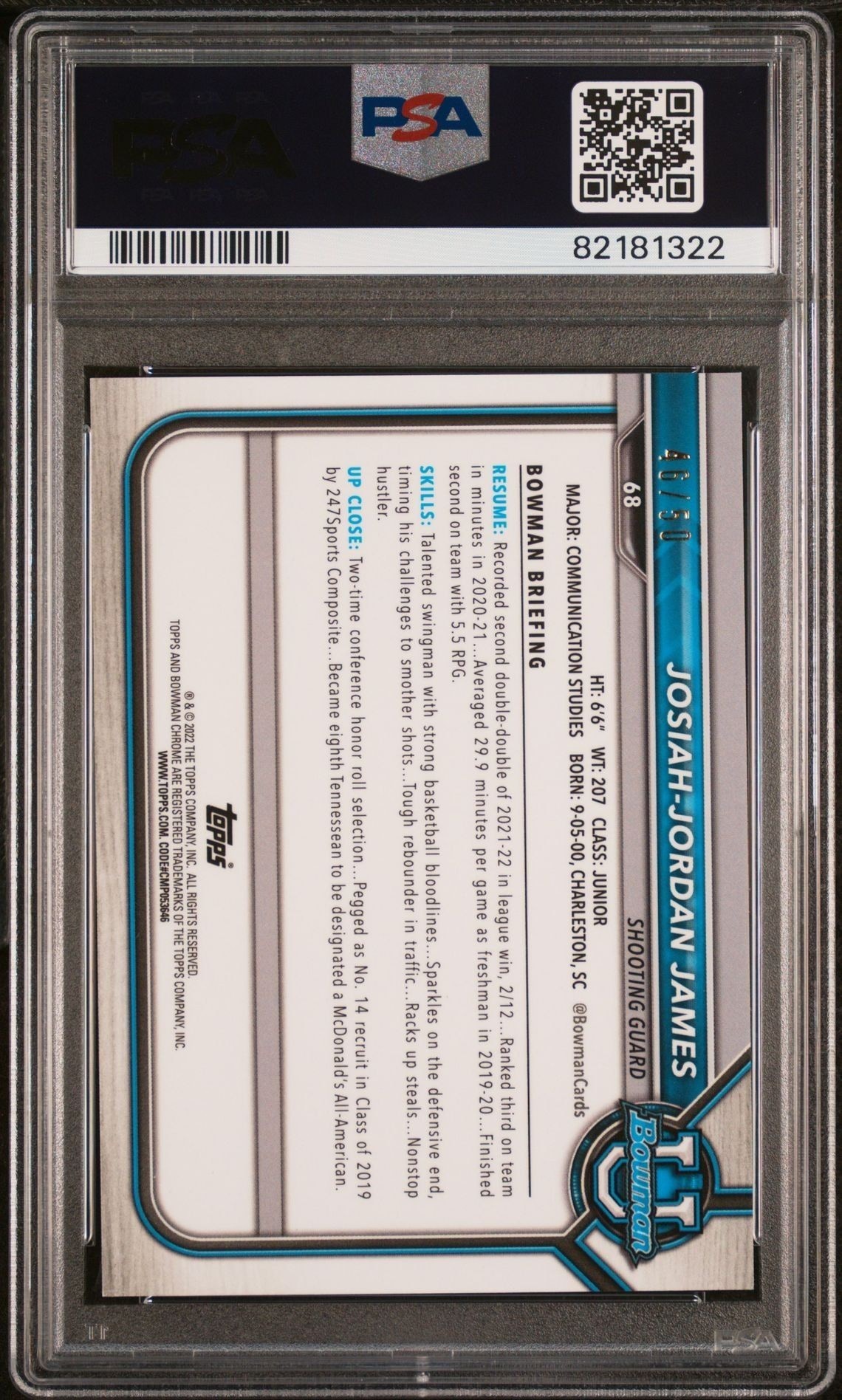2021-22 Bowman University Josiah-Jordan James #68 basketball trading card back