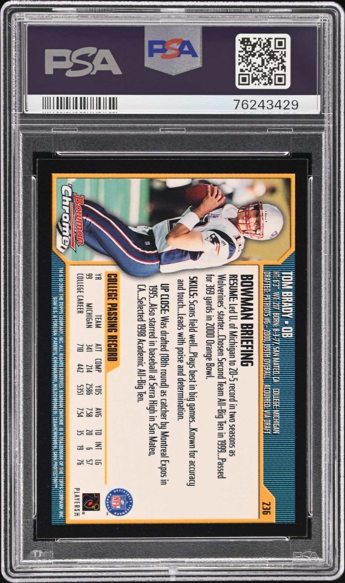 2000 Bowman Chrome Tom Brady #236 football trading card back