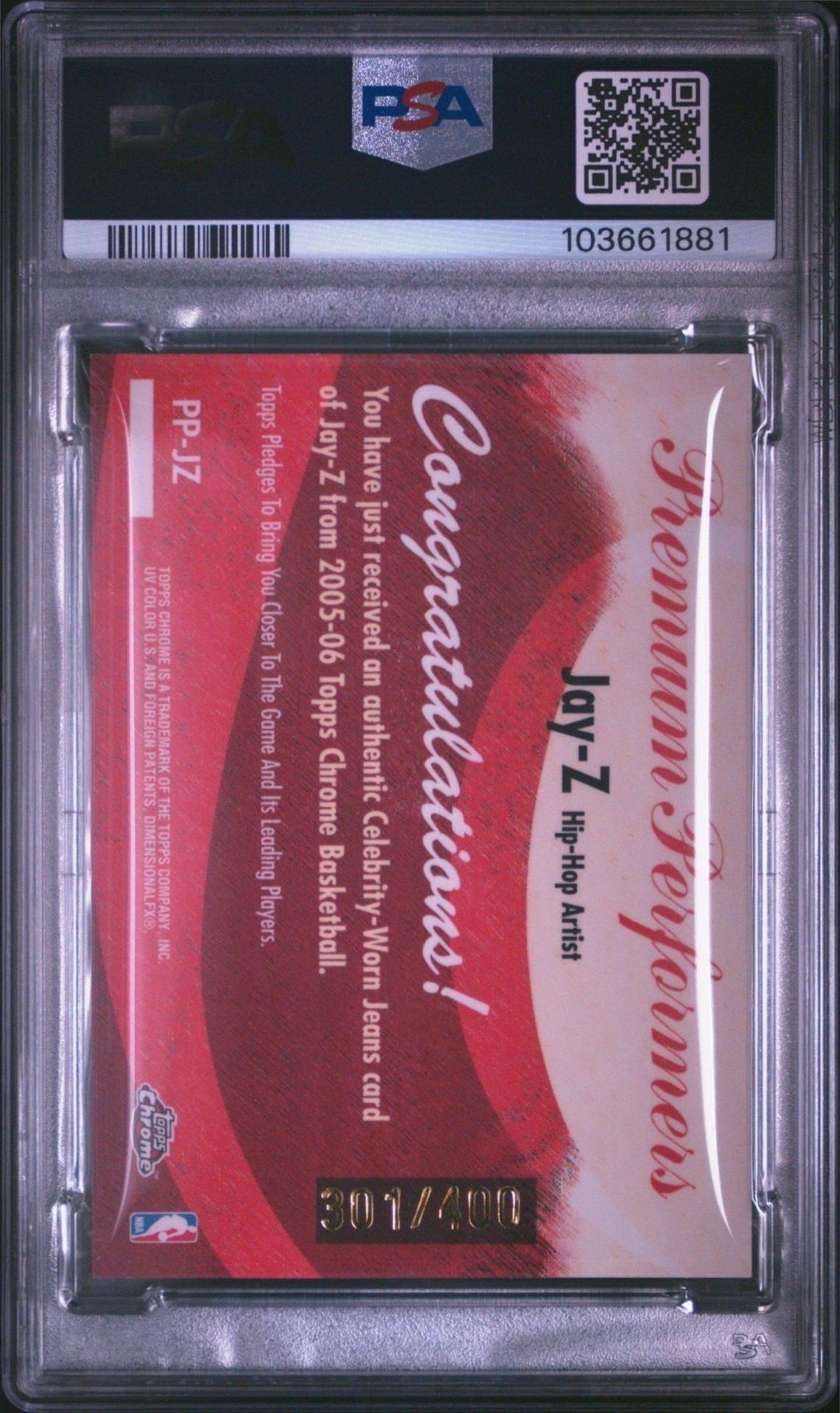 2005 Topps Chrome Jay-Z #PP-JZ baseball trading card back