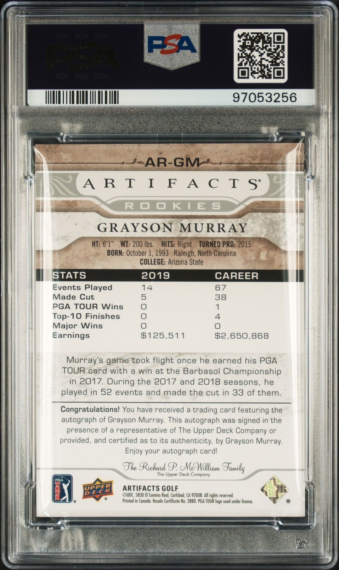 2021 Upper Deck Artifacts Grayson Murray #AR-GM golf trading card back