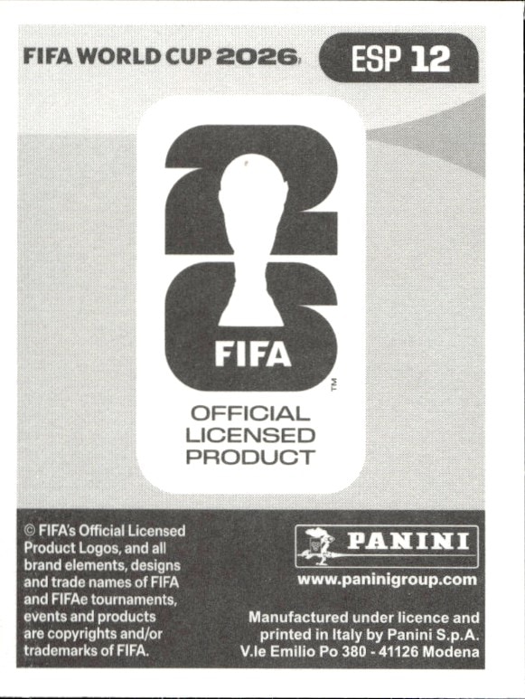 2026 Panini FIFA World Cup Fabián Ruiz #ESP 12 soccer trading card back