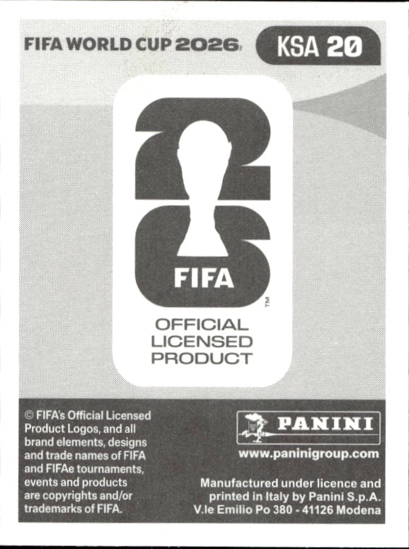 2026 Panini Fifa World Cup Abdullah Alhamdan #KSA 20 soccer trading card back