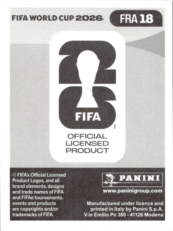 2026 Panini Fifa World Cup Kingsley Coman #FRA 18 soccer trading card back