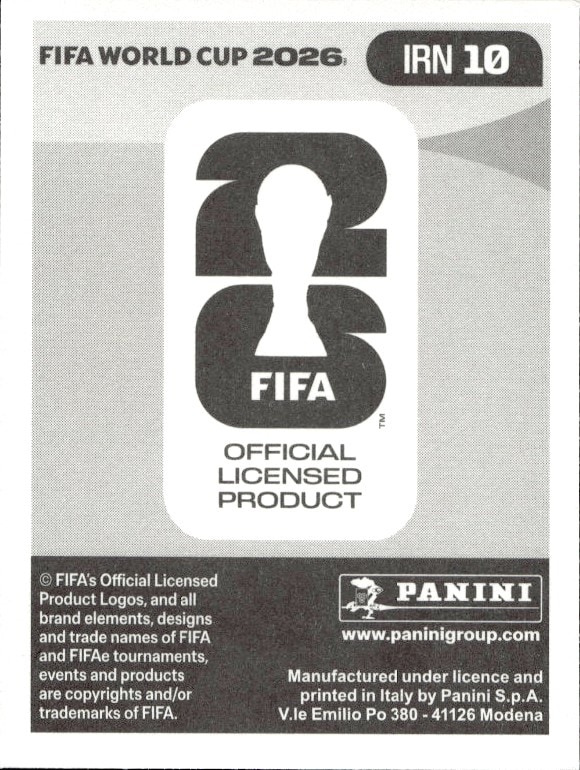 2026 Panini Fifa World Cup Saleh Hardani #IRN 10 soccer trading card back
