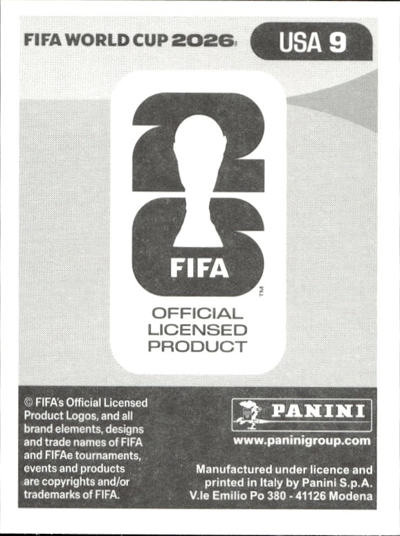 2026 Panini Fifa World Cup Tanner Tessmann #USA 9 soccer trading card back