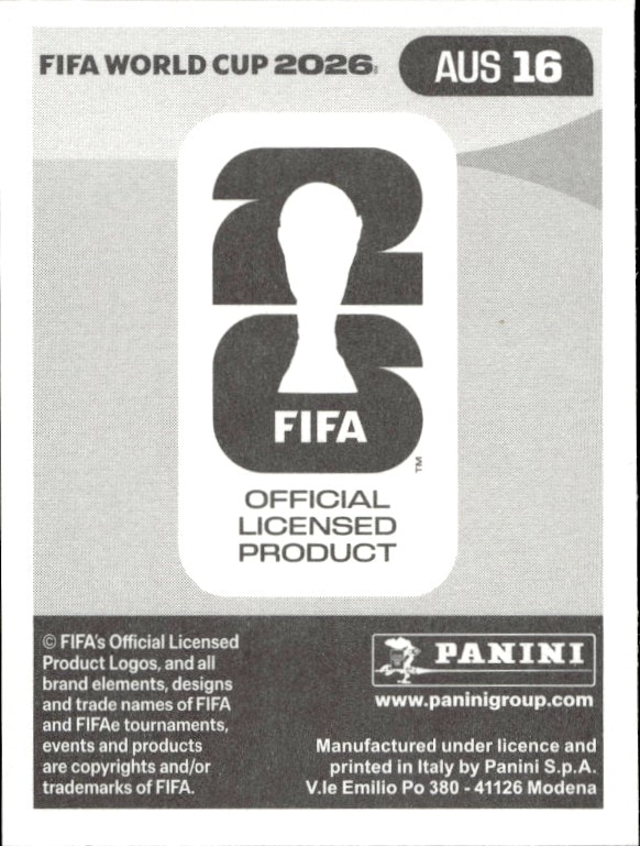 2026 Panini Fifa World Cup Patrick Vazbek #AUS 16 soccer trading card back