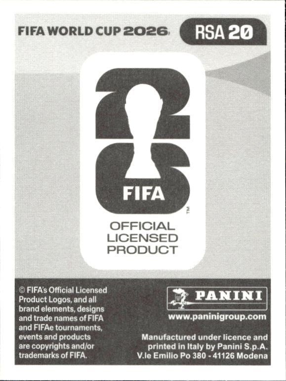 2026 Panini Fifa World Cup Oswin Appollis #RSA 20 soccer trading card back