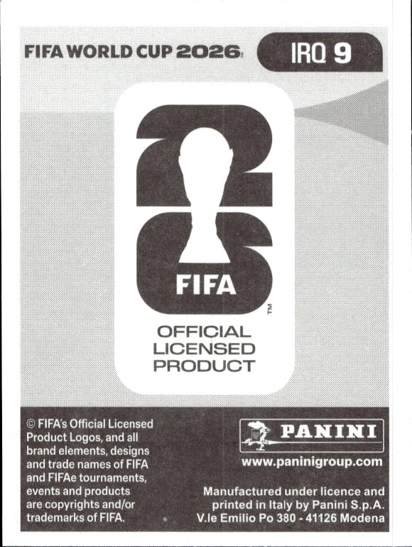 2026 Panini FIFA World Cup Zidane Iqbal #IRQ 9 soccer trading card back