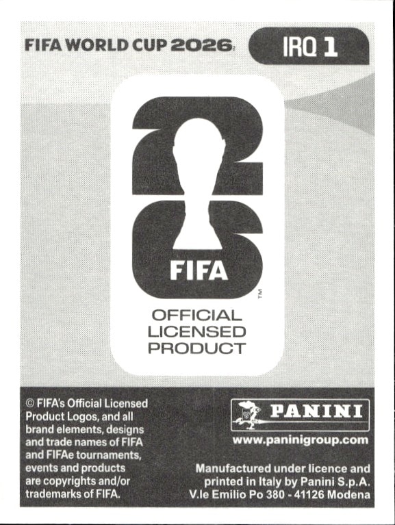 2026 Panini FIFA World Cup Iraq #IRQ 1 soccer trading card back