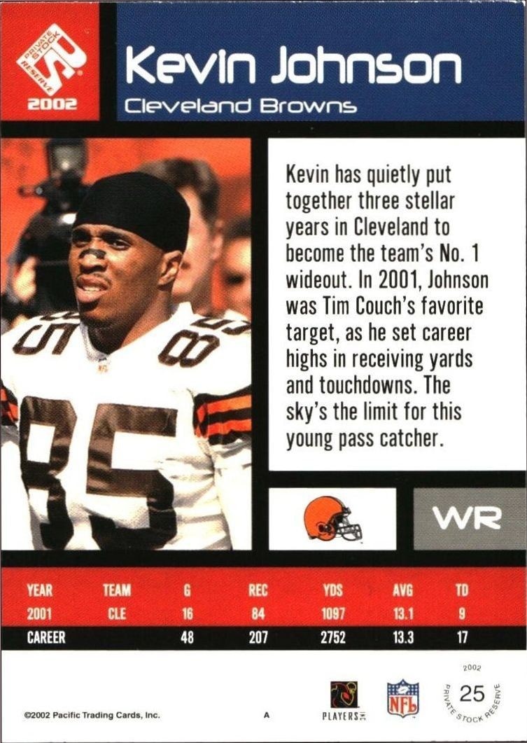 2002 Pacific Private Stock Reserve Kevin Johnson #25 football trading card back