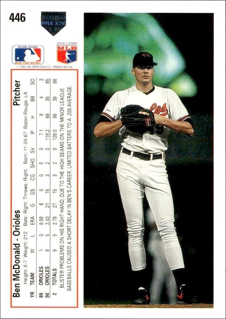 1991 Upper Deck Low Number Ben McDonald #446 baseball trading card back