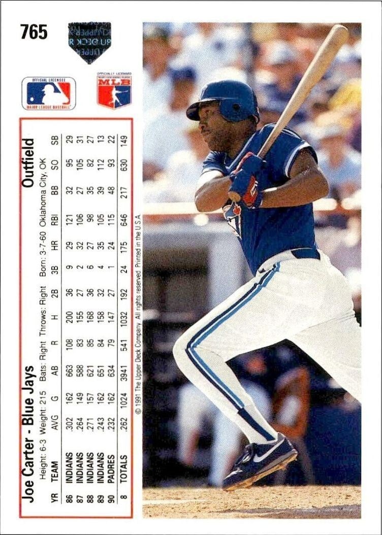 1991 Upper Deck High Number Joe Carter #765 baseball trading card back
