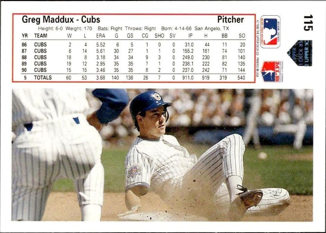 1991 Upper Deck Low Number Greg Maddux #115 baseball trading card back