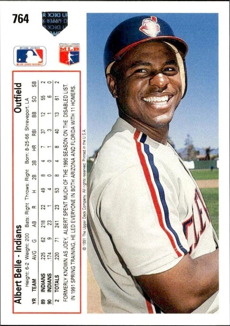 1991 Upper Deck High Number Albert Belle #764 baseball trading card back