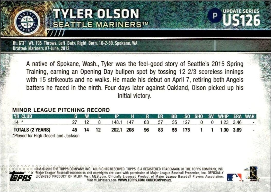 2015 Topps Update Series Tyler Olson #US126 baseball trading card back