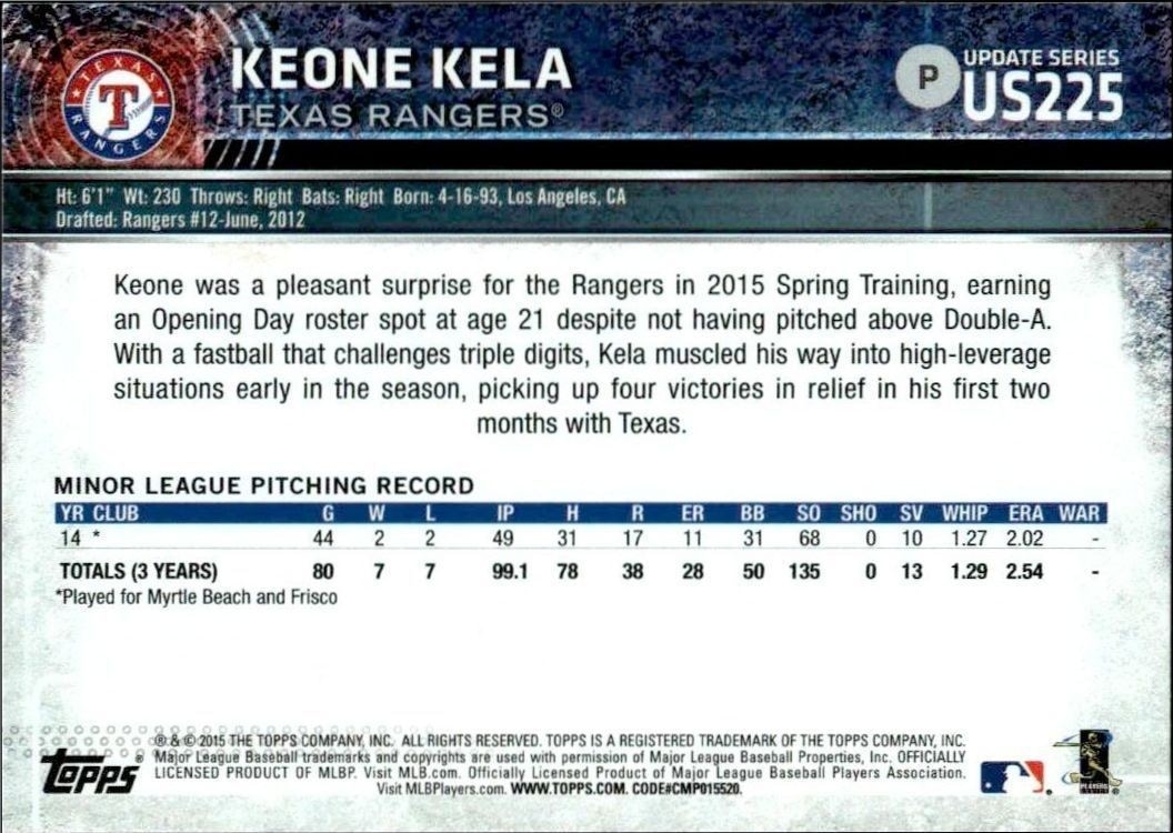 2015 Topps Update Series Keone Kela #US225 baseball trading card back
