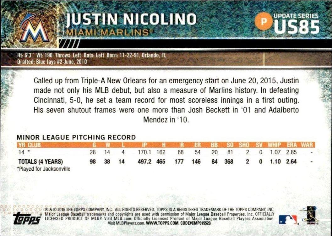 2015 Topps Update Series Justin Nicolino #US85 baseball trading card back