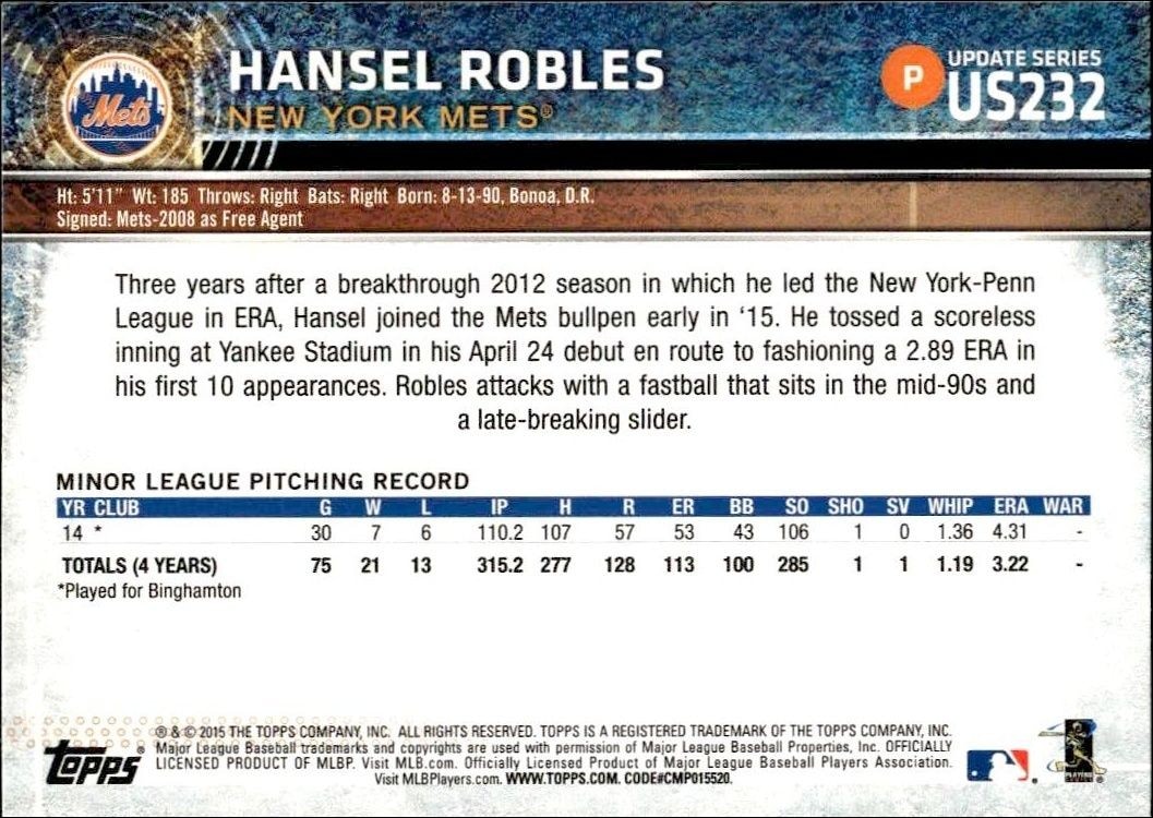 2015 Topps Update Series Hansel Robles #US232 baseball trading card back